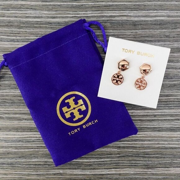 Tory Burch Hexagon Circle Logo Drop Earrings Rose Gold OS - Picture 4 of 12